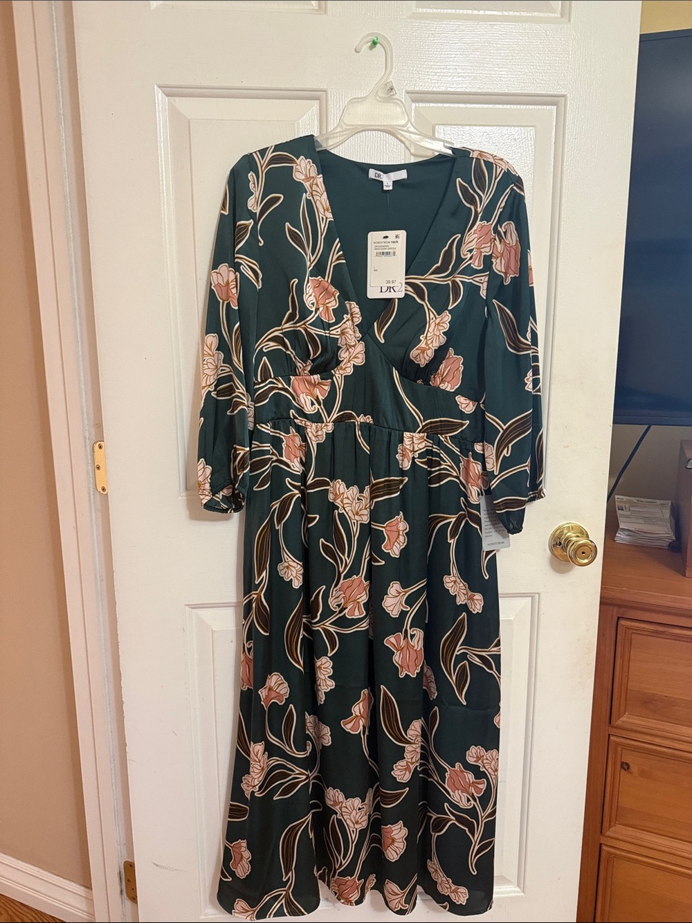 DR2 Forest Green Maxi Dress with Pink Floral Print